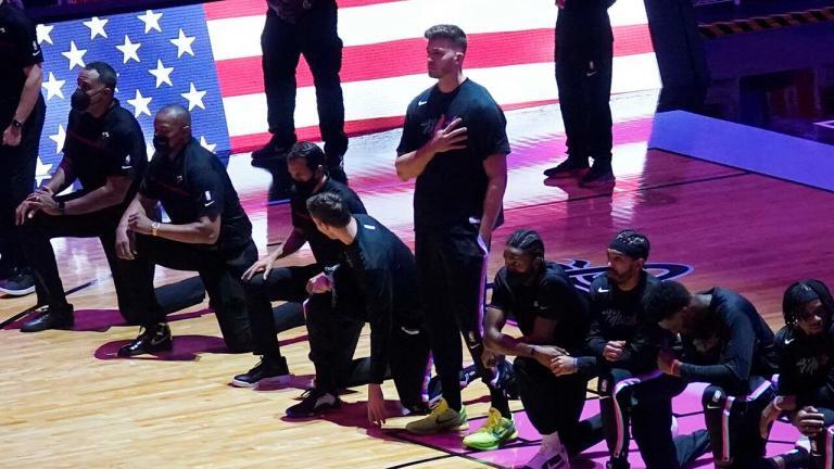 Heat’s Meyers Leonard stands for national anthem while teammates, Celtics players kneel