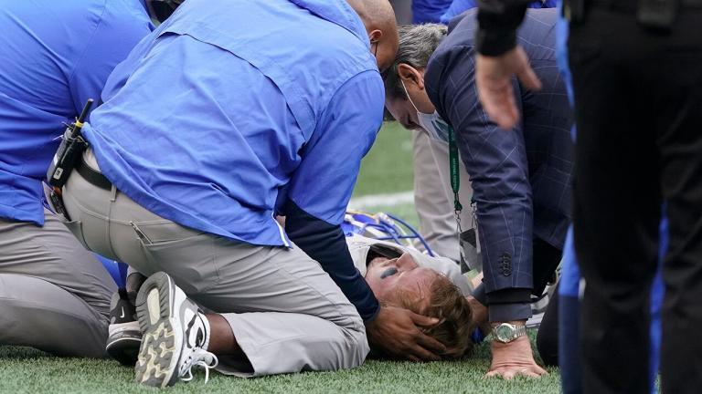 Rams’ John Wolford taken to hospital after taking pop to the head