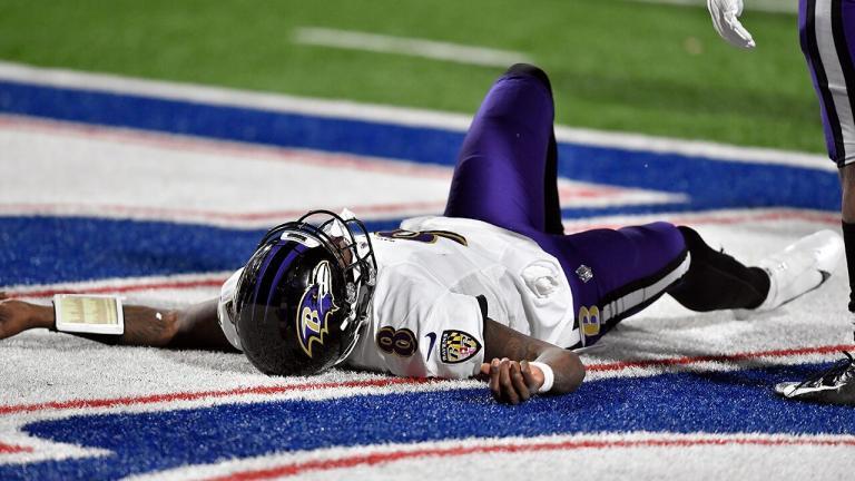 Ravens’ Lamar Jackson hits head hard on ground, ruled out for rest of playoff game