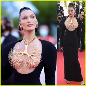 Bella Hadid Stuns With Incredible Gold-Dipped Lungs Look at Cannes Film Festival 2021